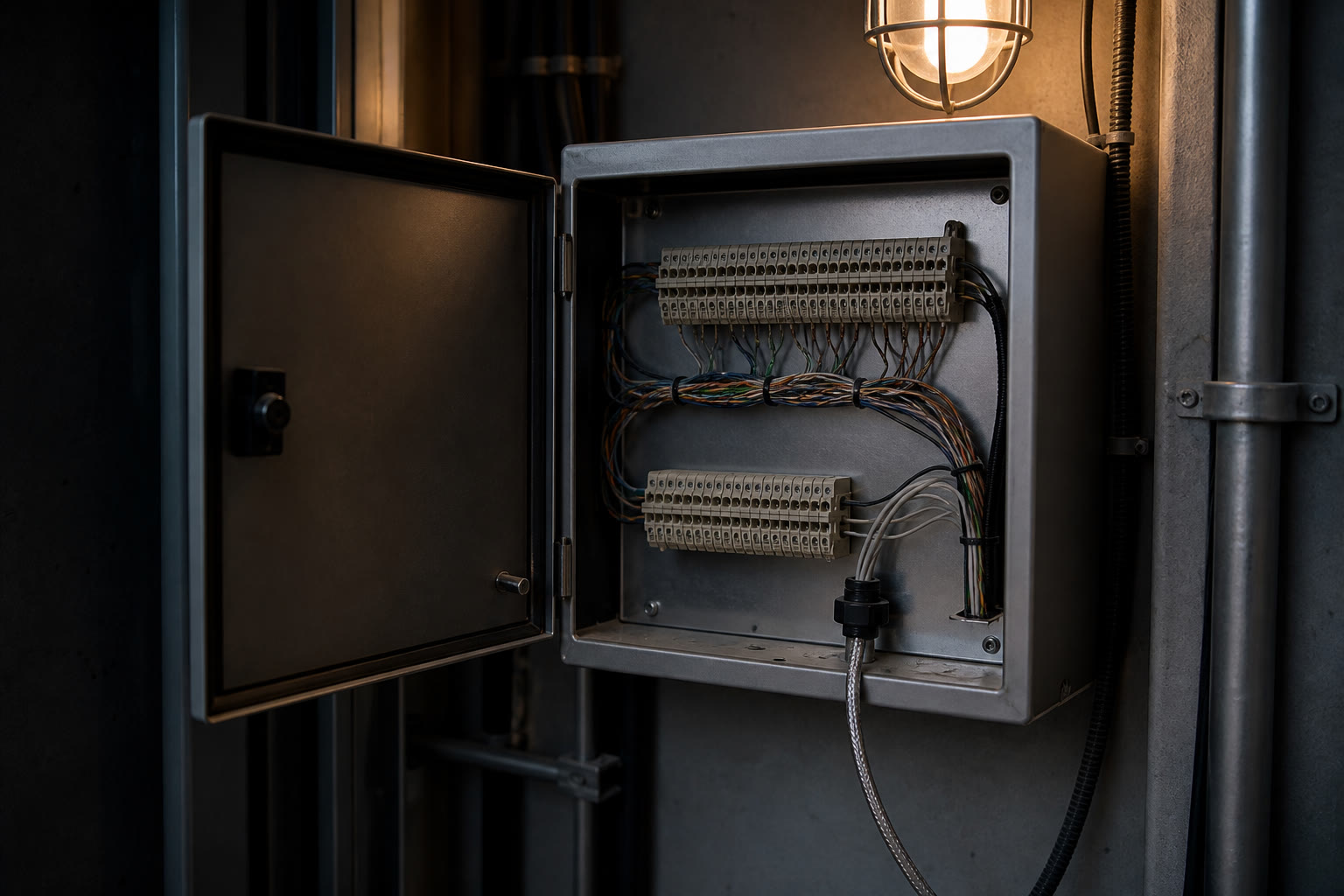 A services riser cupboard with a controller enclosure open, terminal strips and a shielded twisted pair leaving through a gland.