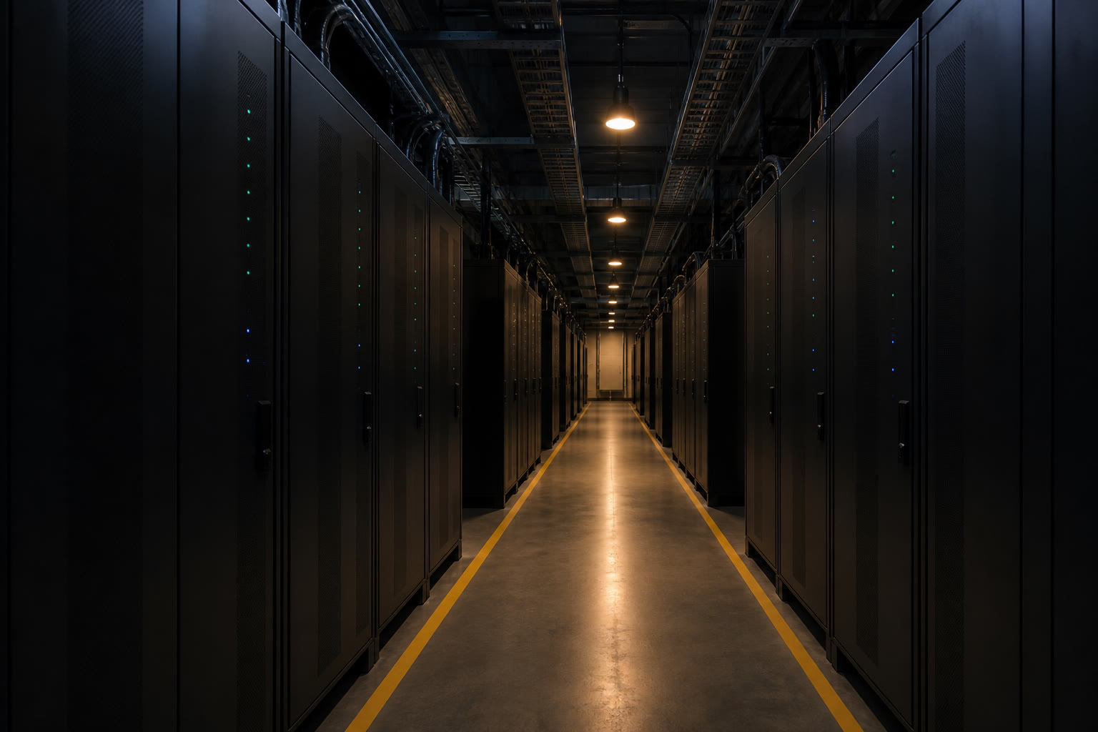 A battery energy storage room, rows of tall matte cabinets with small status LEDs in vertical lines, cable trays overhead and safety markings on the floor.