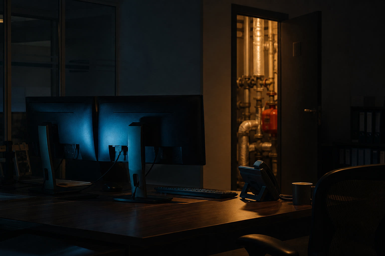 A single operator workstation in a dim building services office at night, two monitors turned away so only their glow shows, with a plant room door ajar behind.
