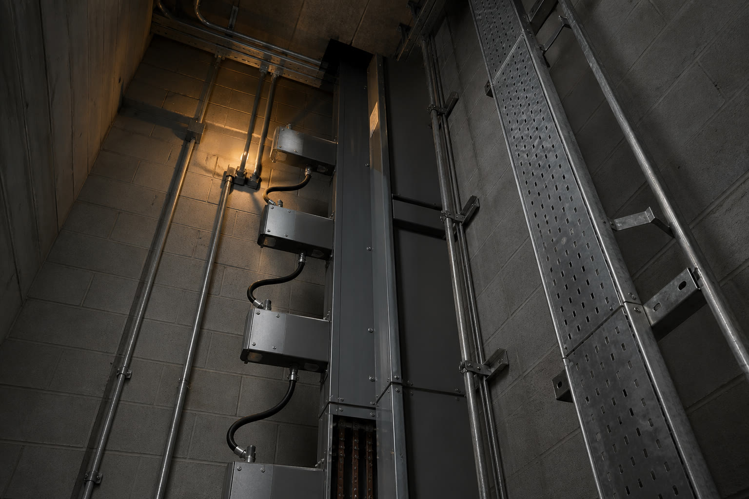 An electrical services riser with vertical busbar trunking running floor to ceiling and tap-off boxes branching from it, containment and conduit alongside.