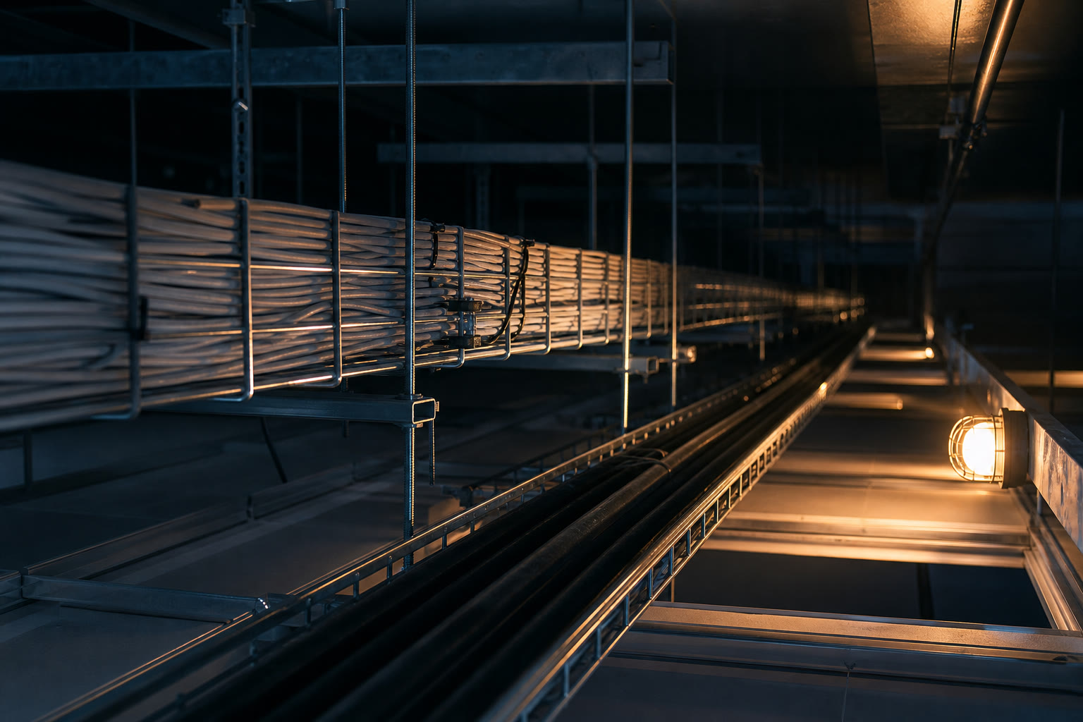 A long cable tray run above a ceiling void, bundled data and power cabling combed into separate trays with regular supports, disappearing into perspective.