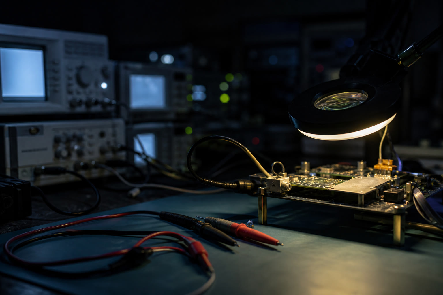 An electronics test bench in a dim laboratory at night, benchtop instruments with softly glowing readouts, probe leads coiled on an anti-static mat and an assembly under a magnifier lamp.