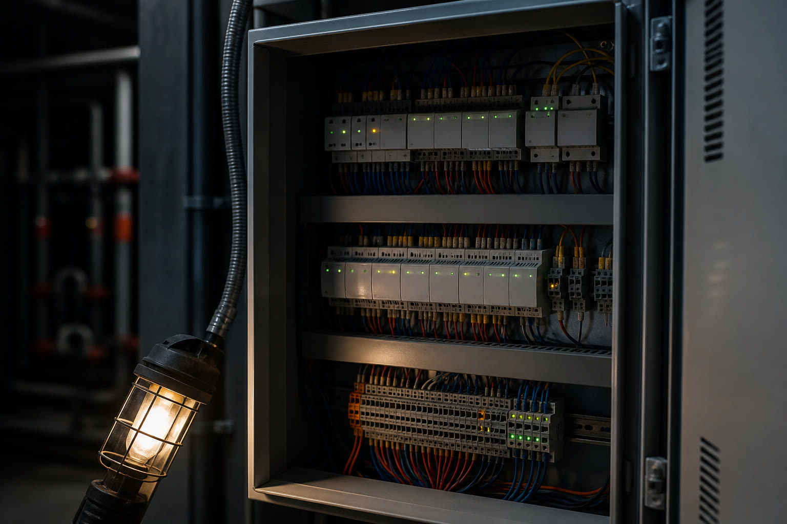 An open building-controls cabinet in a service riser, with neat rows of DIN-rail modules, tidy wiring looms and small green and amber indicator lights.