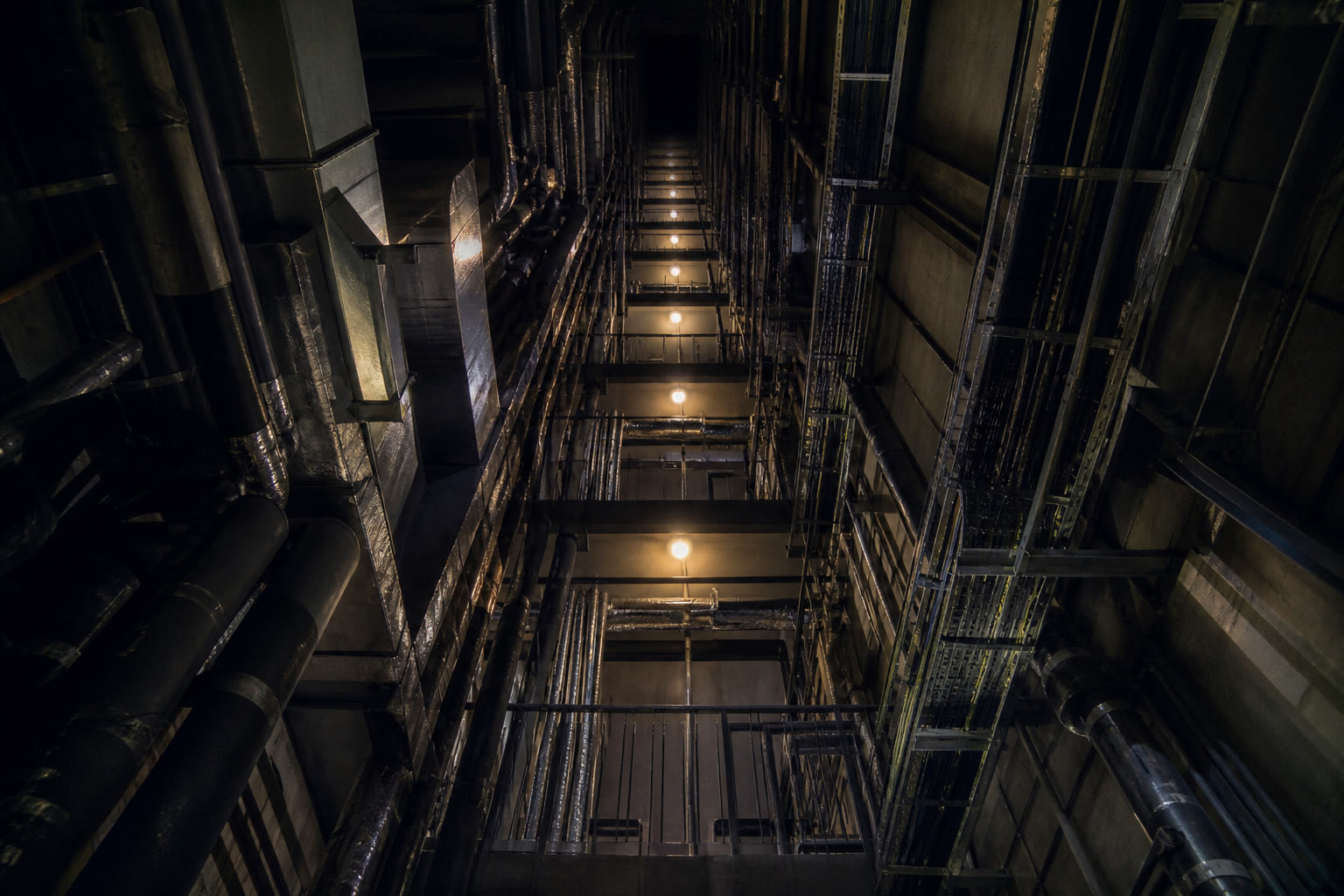 Looking straight up a building services riser, rectangular ductwork, insulated pipework and cable containment stacked floor after floor into darkness.