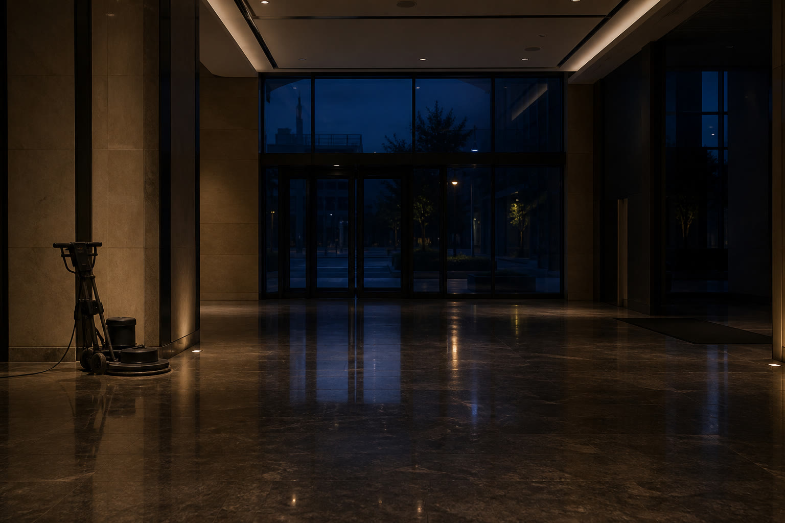 A commercial lobby just before dawn, lights still on at low level, a floor polisher parked to one side and glass doors showing a dark blue street outside.