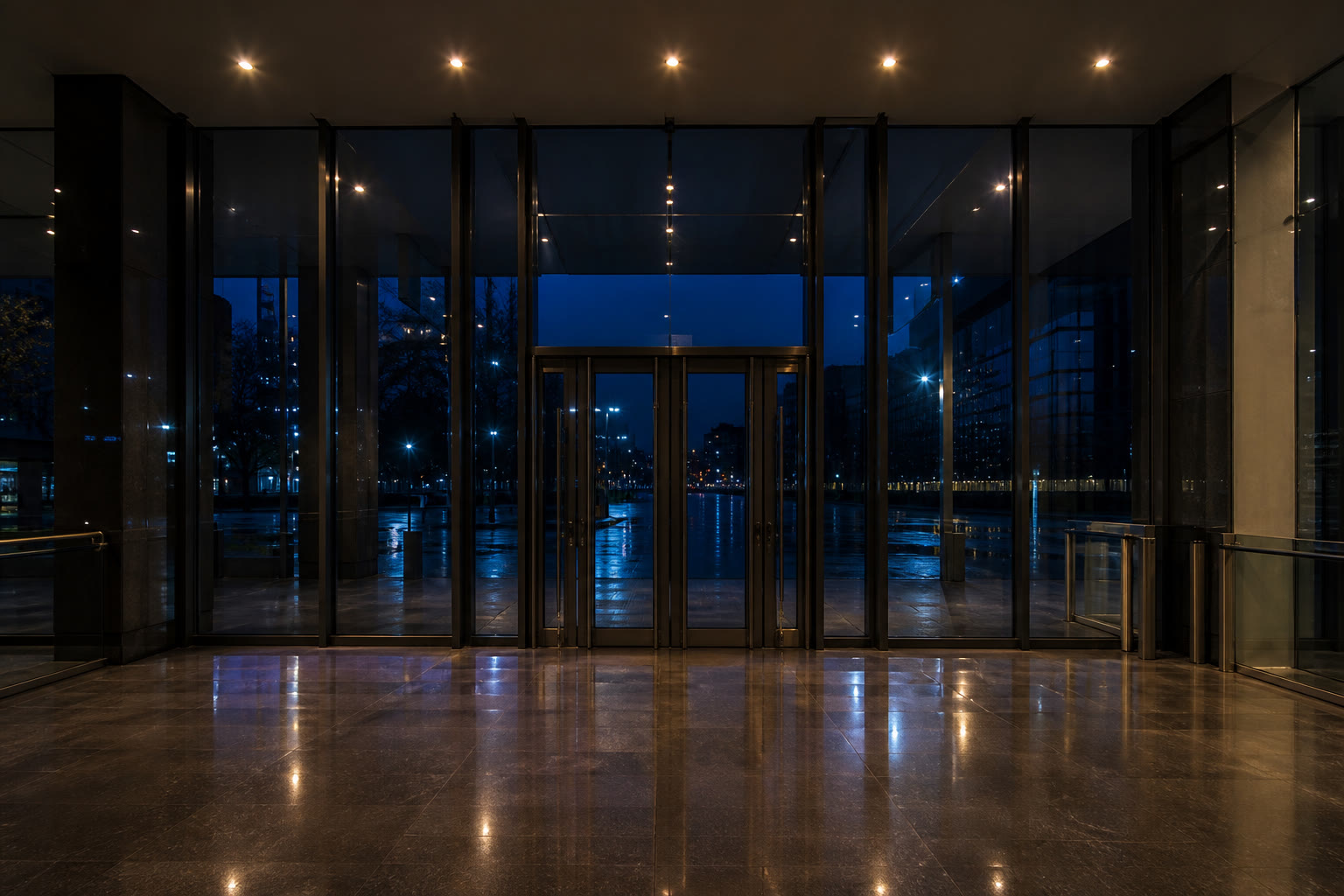 A glazed commercial building entrance seen from inside at night, tall glass doors and mullions with wet pavement outside catching the street light.
