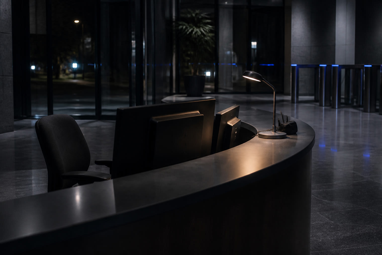 A security desk in a dim lobby at night, a curved counter with two monitors turned away showing only glow, a desk lamp and a radio charger.