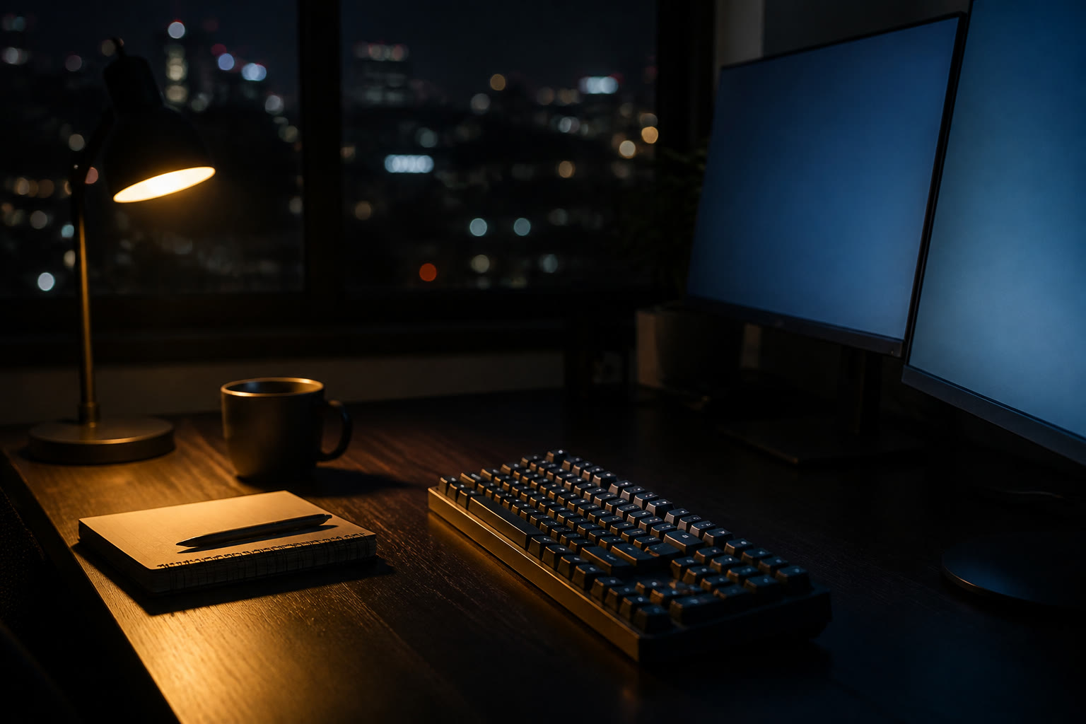 A dark desk at night, a mechanical keyboard lit from the side and two monitors angled away so only their glow is visible, a mug and a notebook beside them.