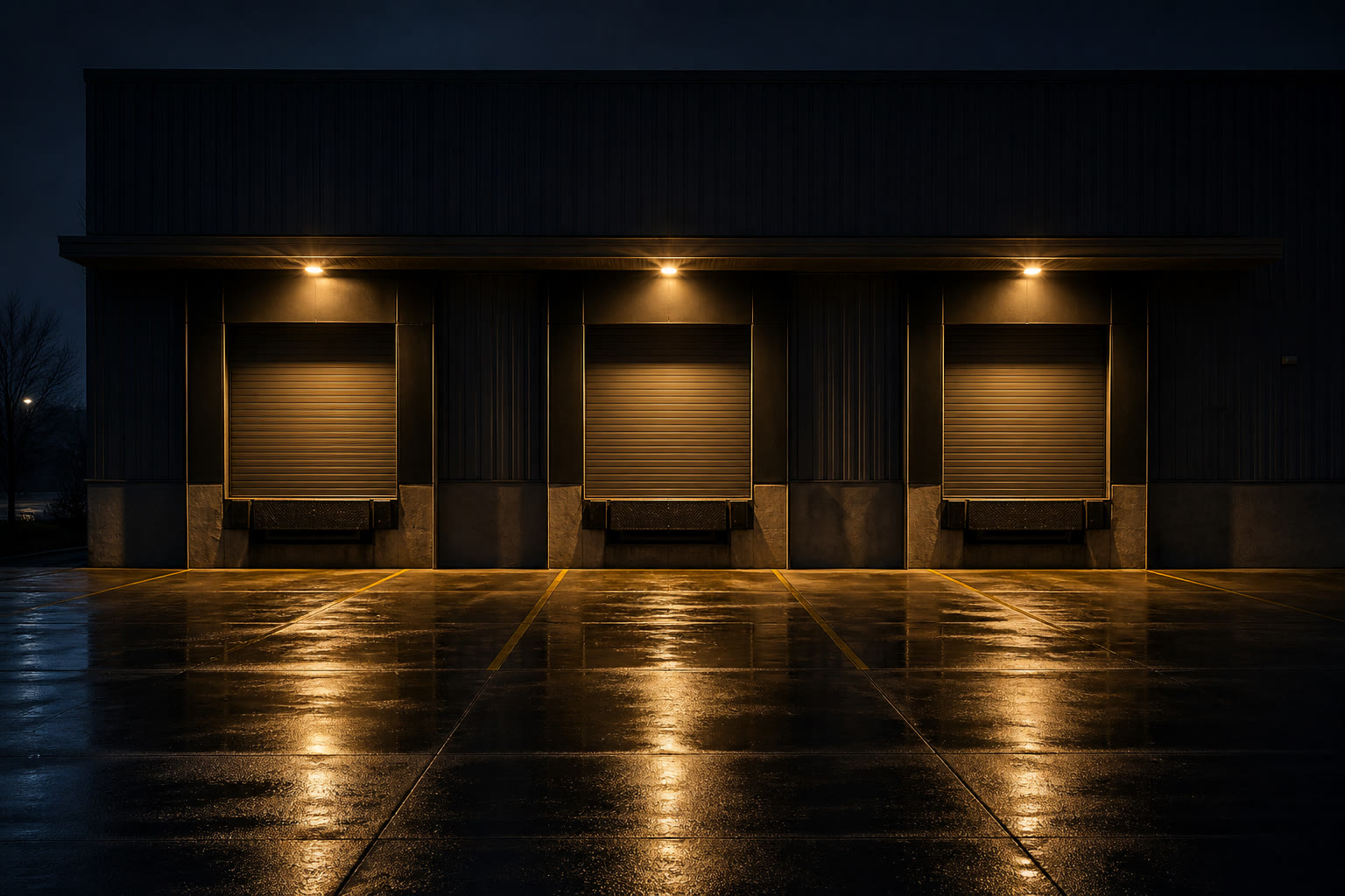 A commercial building loading dock at night, three roller shutters with dock levellers and painted bay markings on a wet apron under canopy lights.