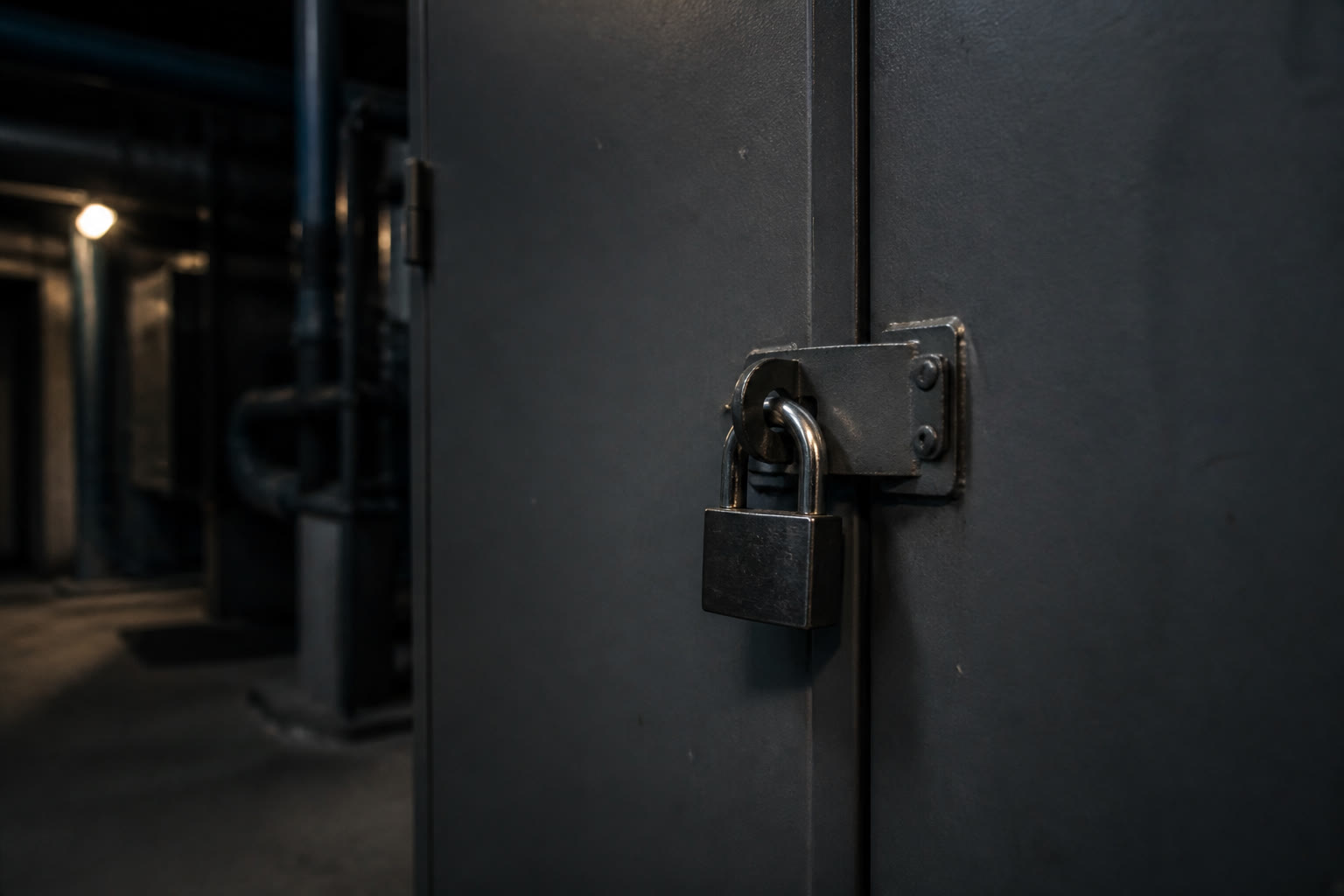 A closed and padlocked grey equipment cabinet in a plant room, hasp and shackle in sharp focus with the rest of the room falling to shadow.