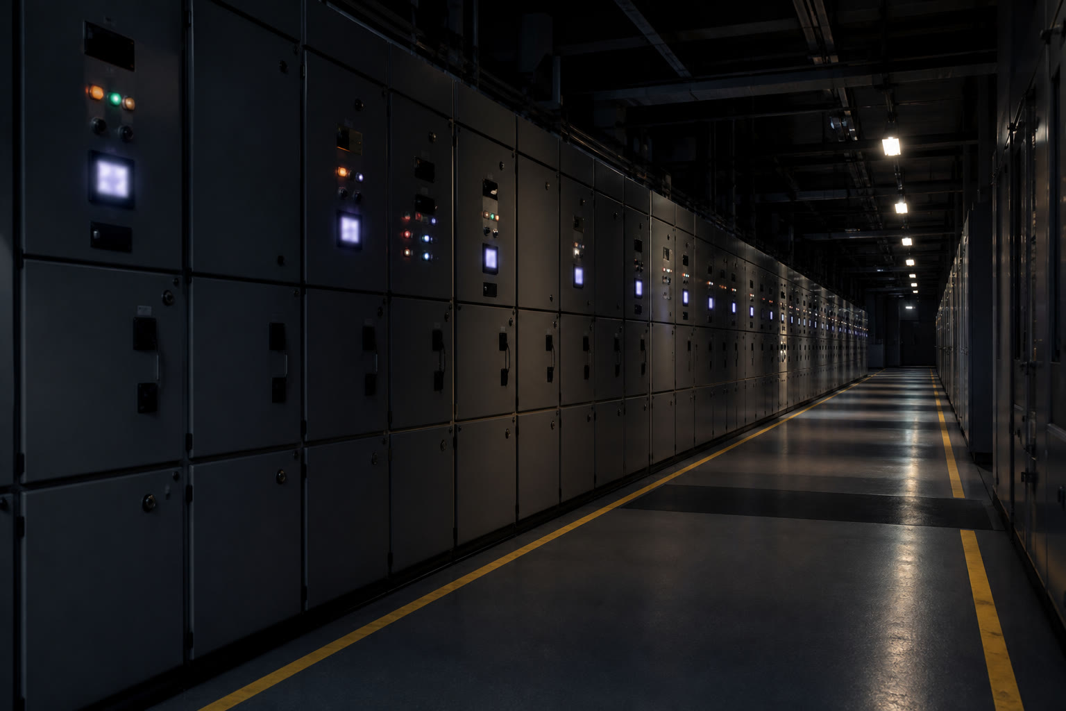 An electrical switch room at night, tall grey switchgear cubicles in a row with small illuminated instrument displays, lit by overhead lighting down the aisle.