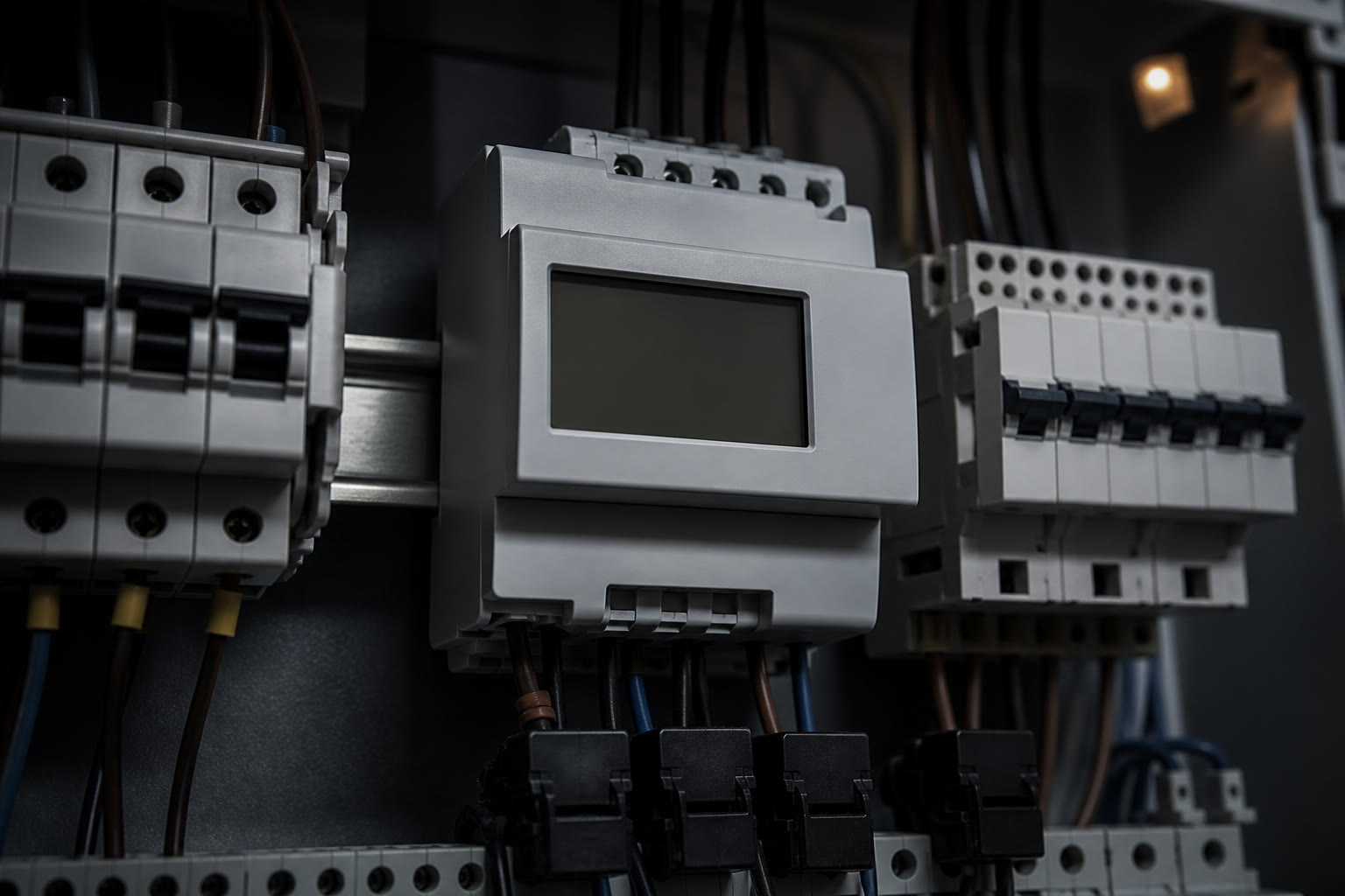 A close view of a DIN-rail energy meter in a distribution board with a small blank display area and current transformer leads landed beneath it.