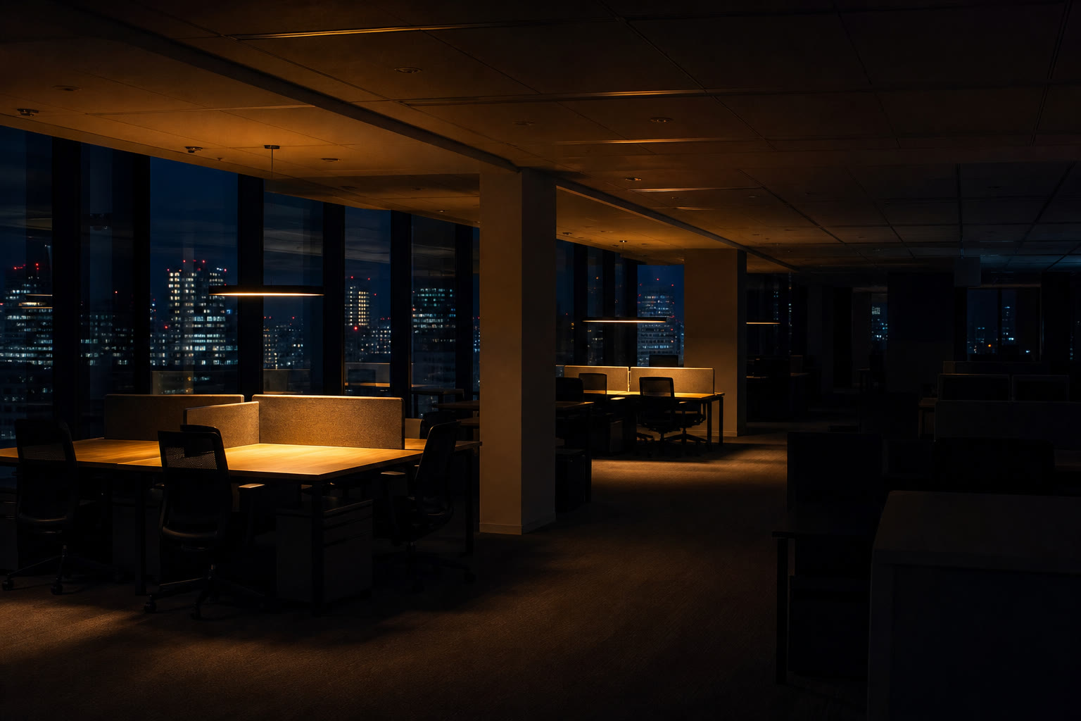 An open-plan office floor at night with lighting zoned by bay, two bays lit warm over empty desks and the rest fallen dark, with glazing showing a dark city beyond.