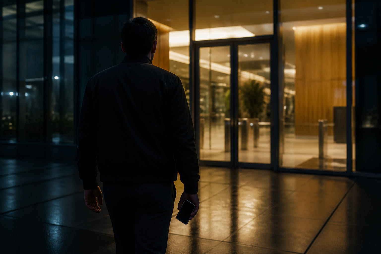 A person seen from behind at night walking up to glass lobby doors, a phone held loosely at their side with the screen unlit.