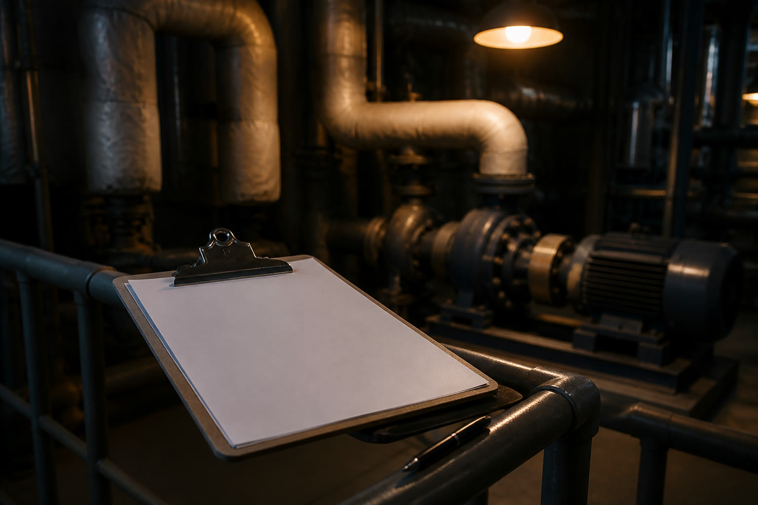 A clipboard with a blank form resting on a plant room handrail beside a pen, insulated pipework and a pump out of focus behind.