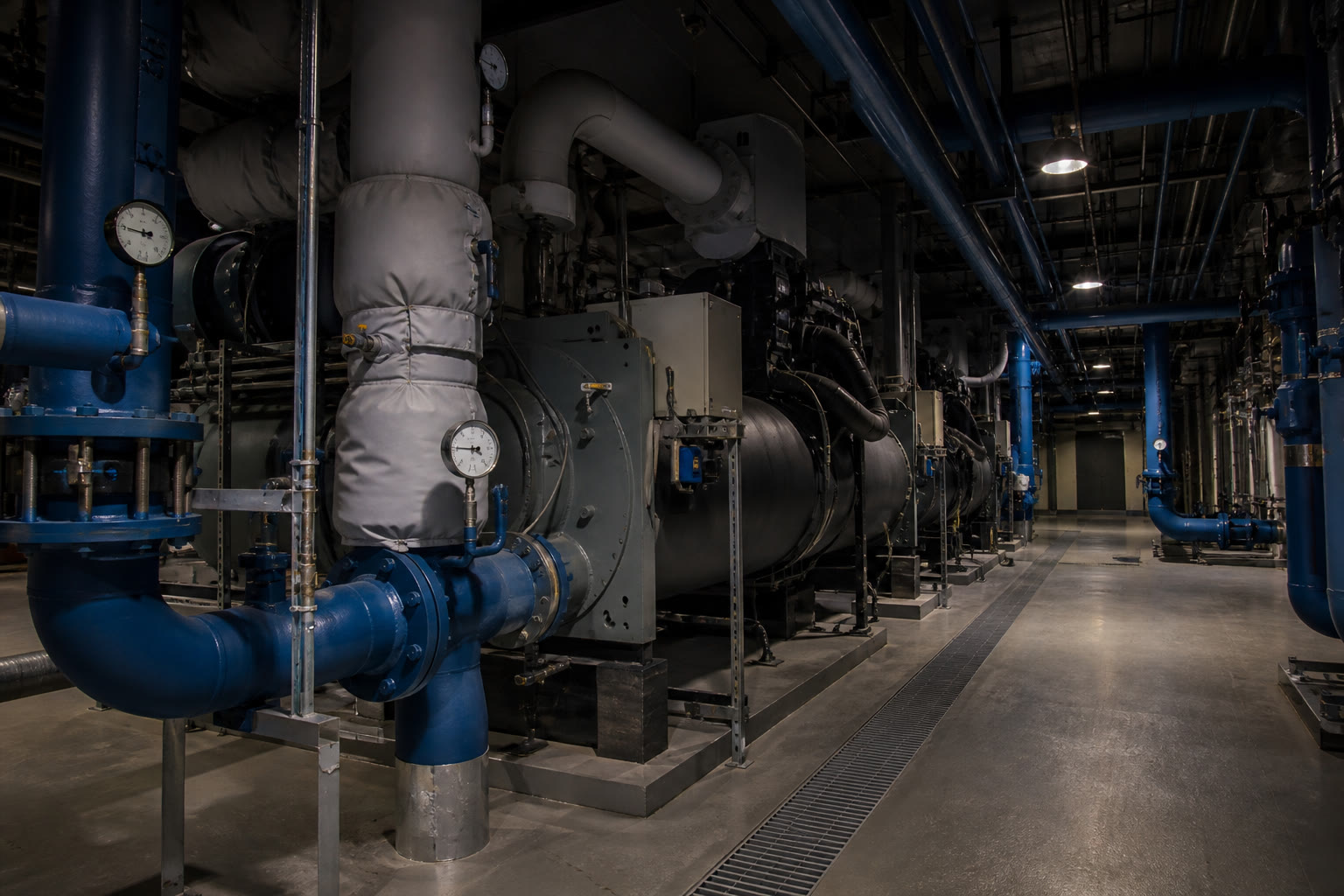 A building plant room with large water-cooled chillers and insulated pipework running into the distance under industrial lighting.