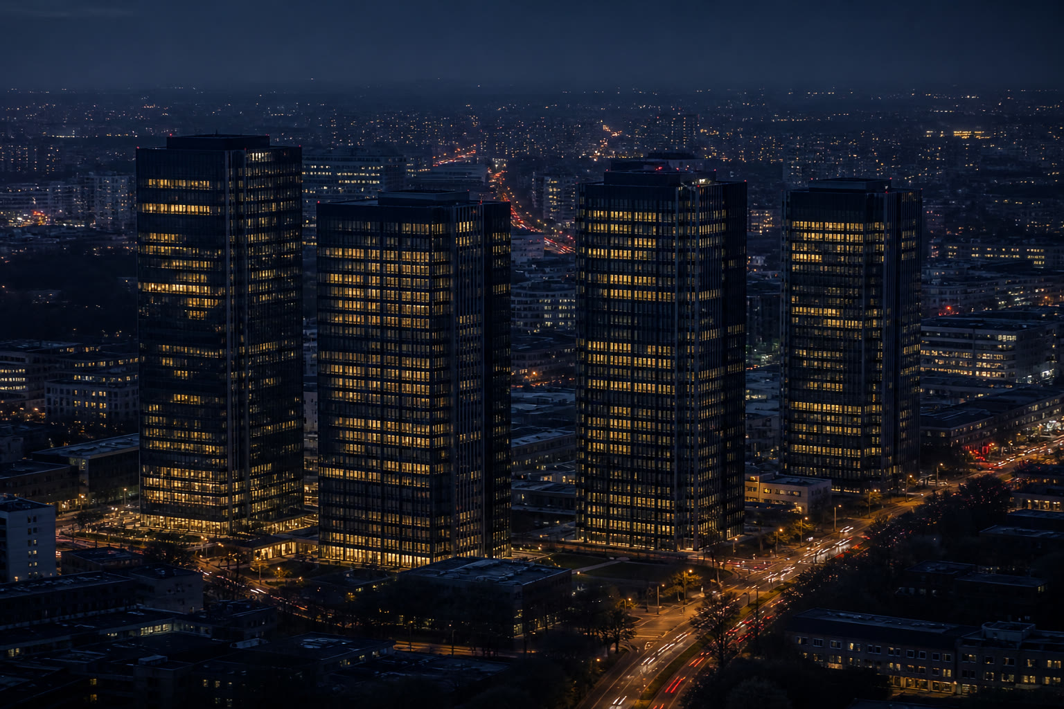 Four commercial towers of one estate seen together across a city at dusk, floors lit warm against deep blue twilight with roads threading between them.