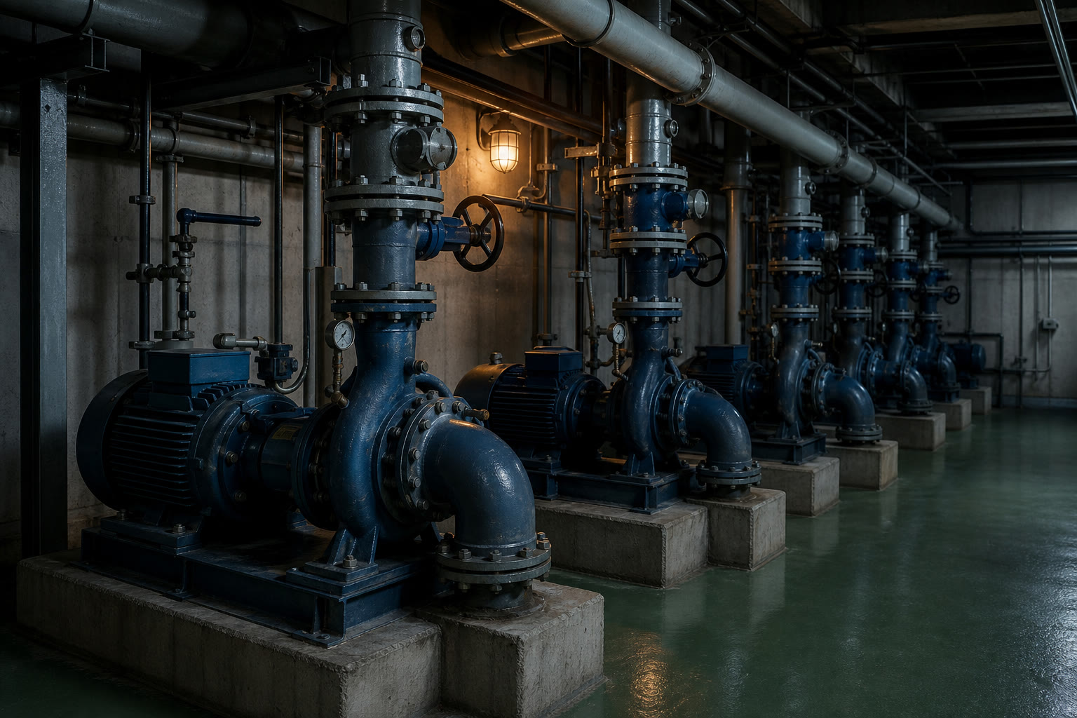 A building pump room, a row of end-suction centrifugal pumps on concrete plinths with flanged headers, isolation valves and pressure gauges above.