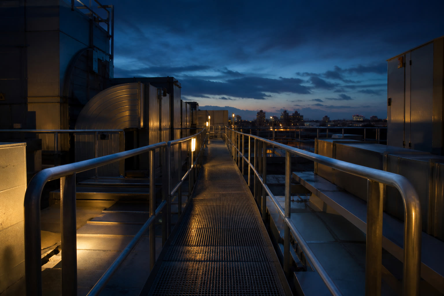 A galvanised access walkway threading between rooftop plant at blue hour, handrails on both sides with duct runs and unit casings either side.