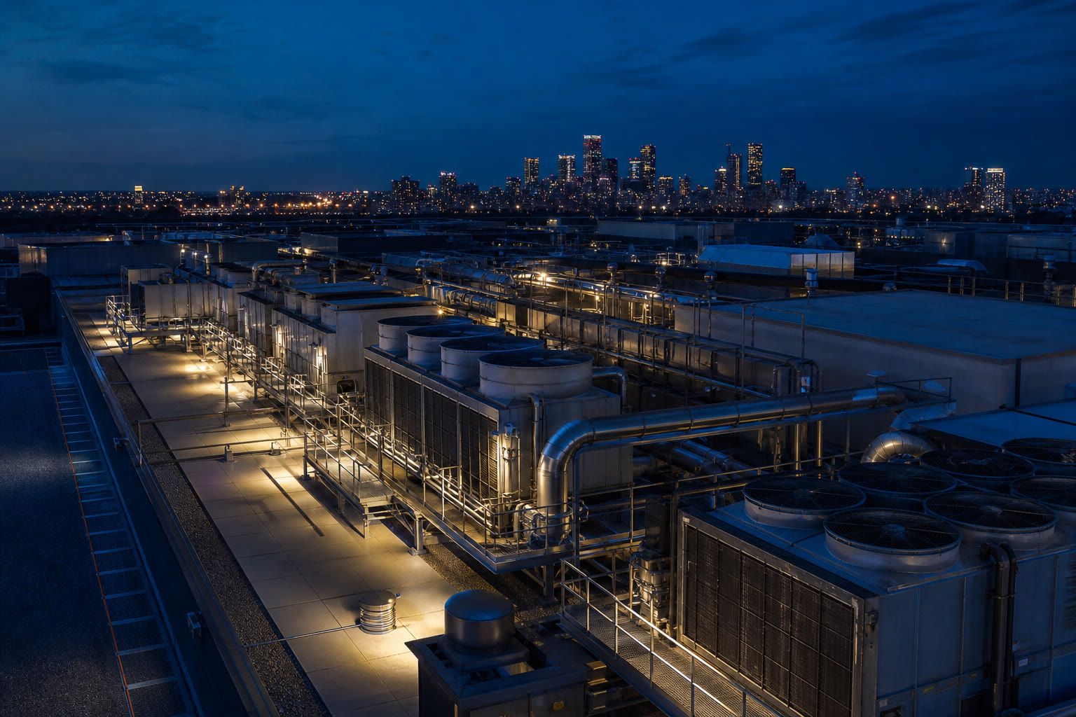 The rooftop of a commercial building at blue hour, rows of large air-handling units and cooling towers with ductwork and access walkways, city lights beyond.