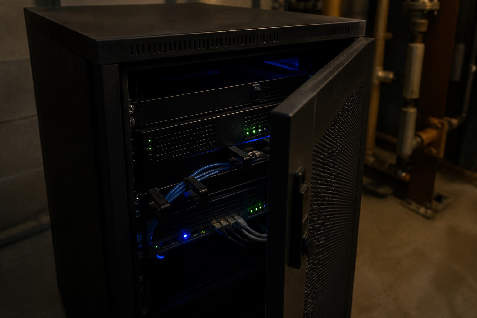 A small on-premises server cabinet in a building plant area, two rack-mounted units with status lights and cable management arms, the cabinet door ajar.