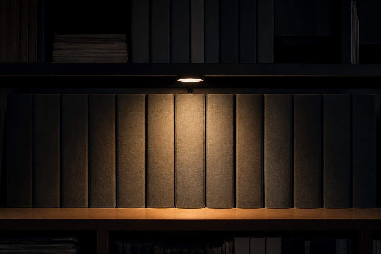 A shelf of thick unmarked technical binders in a dim office, spines square to the camera, a reading lamp throwing a warm pool across the middle of the row.
