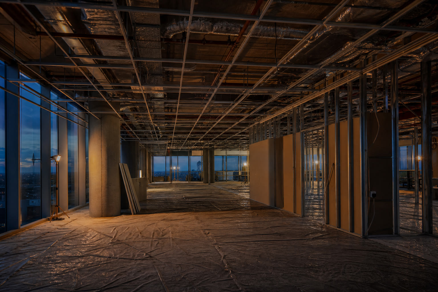A tenant fit-out under way on a commercial floor at dusk, metal stud partitions part-boarded and a ceiling grid half installed with services visible above.