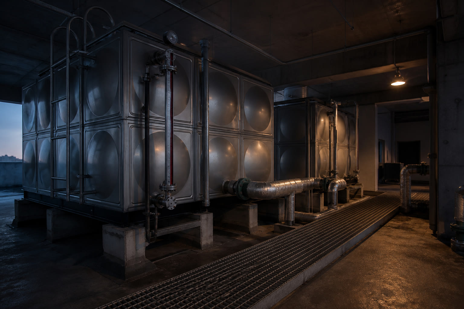 A rooftop water tank room, two large sectional panel tanks with access ladders and level instrumentation, insulated pipework running between them.