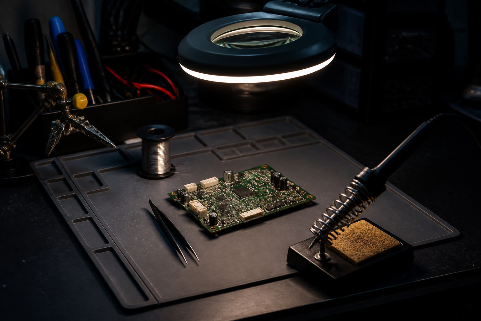 An electronics workbench with a soldering station, tweezers and an assembled circuit board on an anti-static mat, lit by a magnifier lamp in a dark room.